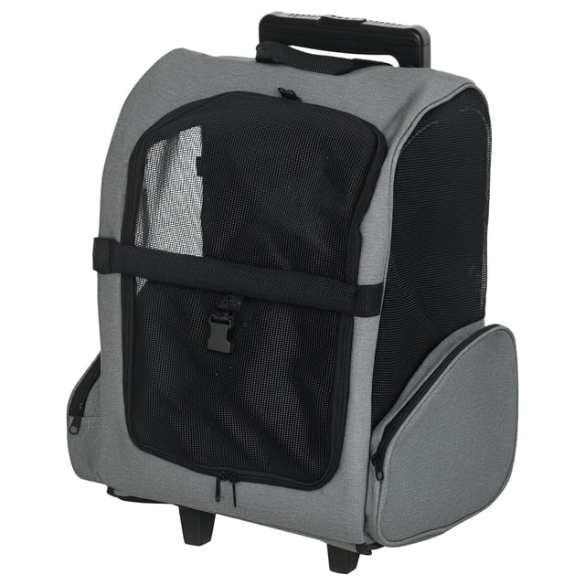 PawHut Sac de transport pour Animaux 2-en-1 en Gris, avec Cadre Robuste et Tissu oxford 600D Résistant à l'Eau et Panneaux en Maille Respirante. Conçu pour les Petits Animaux de Moins de 9 Lb, Comprend une Poignée Extensible, des Roues en PU et une Tige de Traction Ajustable pour un transport Facile. Peut Être Utilisé comme Chariot Ou Sac à Dos, avec Poches Latérales pour le Rangement et une Sangle de Sécurité Intérieure pour Plus de Sécurité.