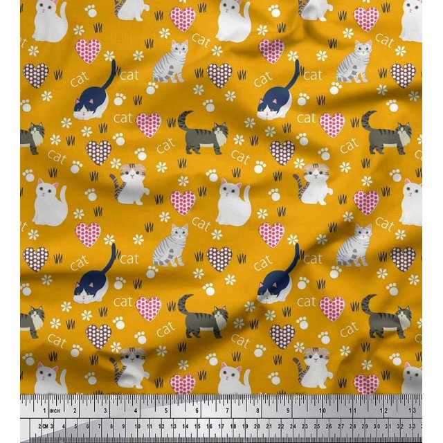 Soimoi Poly Georgette Fabric Heart,Footprint & Cat Animal Print Fabric by Yard 52 Inch Wide