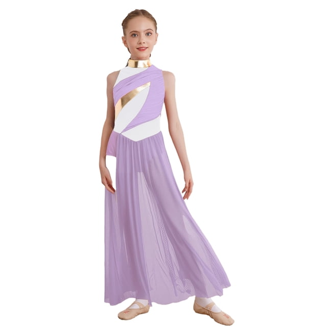 Moggemol Robe de Danse Sans Manches pour Filles Robe de Danse Contemporaine Fendue Longue Jupe Violette 6