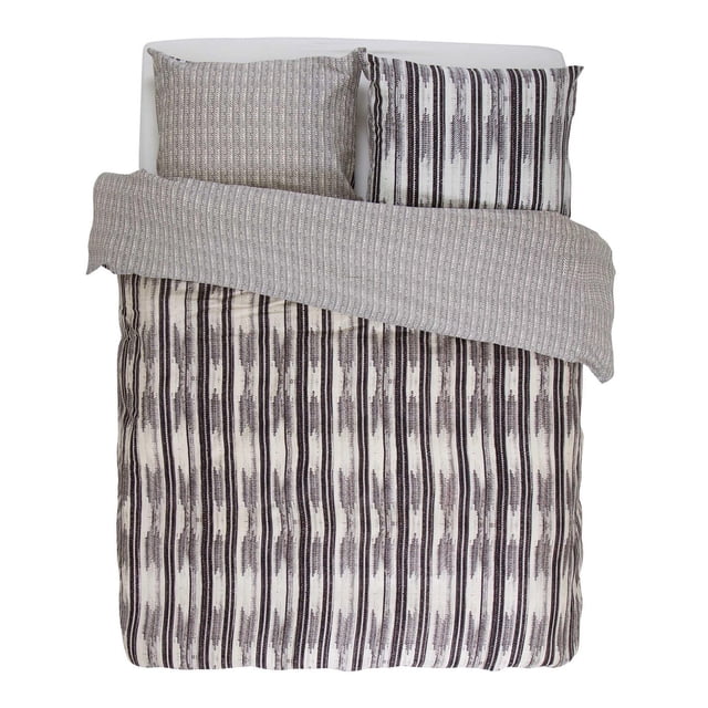 Essenza Home Duvet Cover Bedding Set with a top-down view of a bed featuring a duvet cover and two pillow shams. The duvet cover displays vertical black and white stripes with a textured pattern, while the folded top layer and one pillow sham have a woven grey design. Crafted from 100% cotton percale, this set provides softness, temperature regulation, and allergen protection for enhanced bedroom comfort.