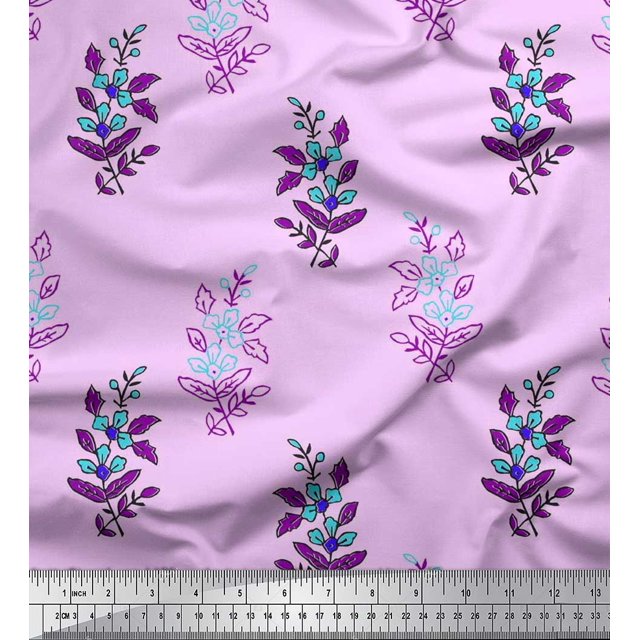 Soimoi Poly Georgette Fabric Leaves & Floral Block Printed Fabric 1 Yard 52 Inch Wide