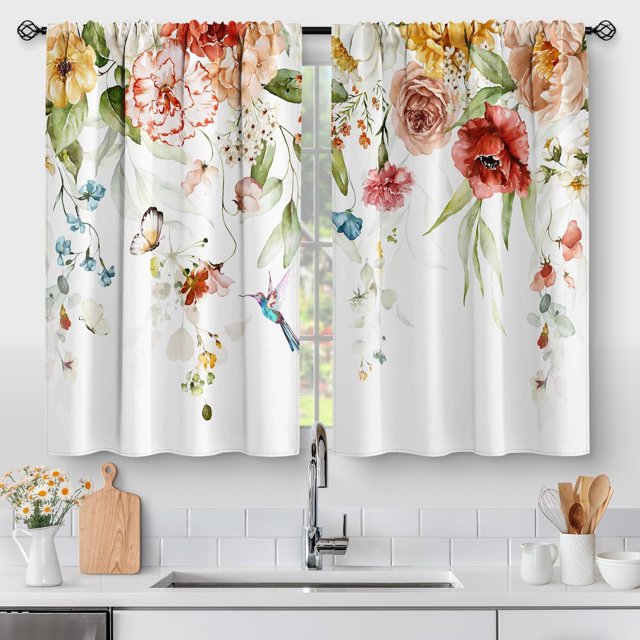 Floral Rustic Kitchen Curtains - Flower Leaves Farmhouse Spring Country Short Cafe Curtains Watercolor Plants Tier Curtains Decor for Living Room Rod Pocket Window Drapes 2 Panels 28"x24"