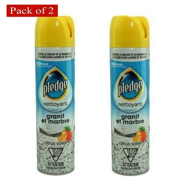 Pledge Granite Cleaner And Polish 275g (Pack of 2) two labeled spray bottles centered; streak-free formula for daily cleaning and polishing of sealed stone surfaces, formulated to remove dirt, dust, smudges, smears and fingerprints, for use on quartz, granite and marble countertops (not for floors); often used to refresh sealed kitchen and bathroom stone surfaces.