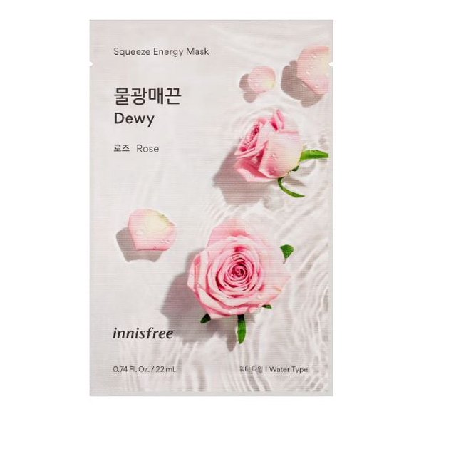 Innisfree My Real Squeeze Mask - Rose facial mask sheet with water-type hydration enriched with rose essence, showing pink rose flowers and petals on a light background, designed to leave normal skin smooth and radiant.