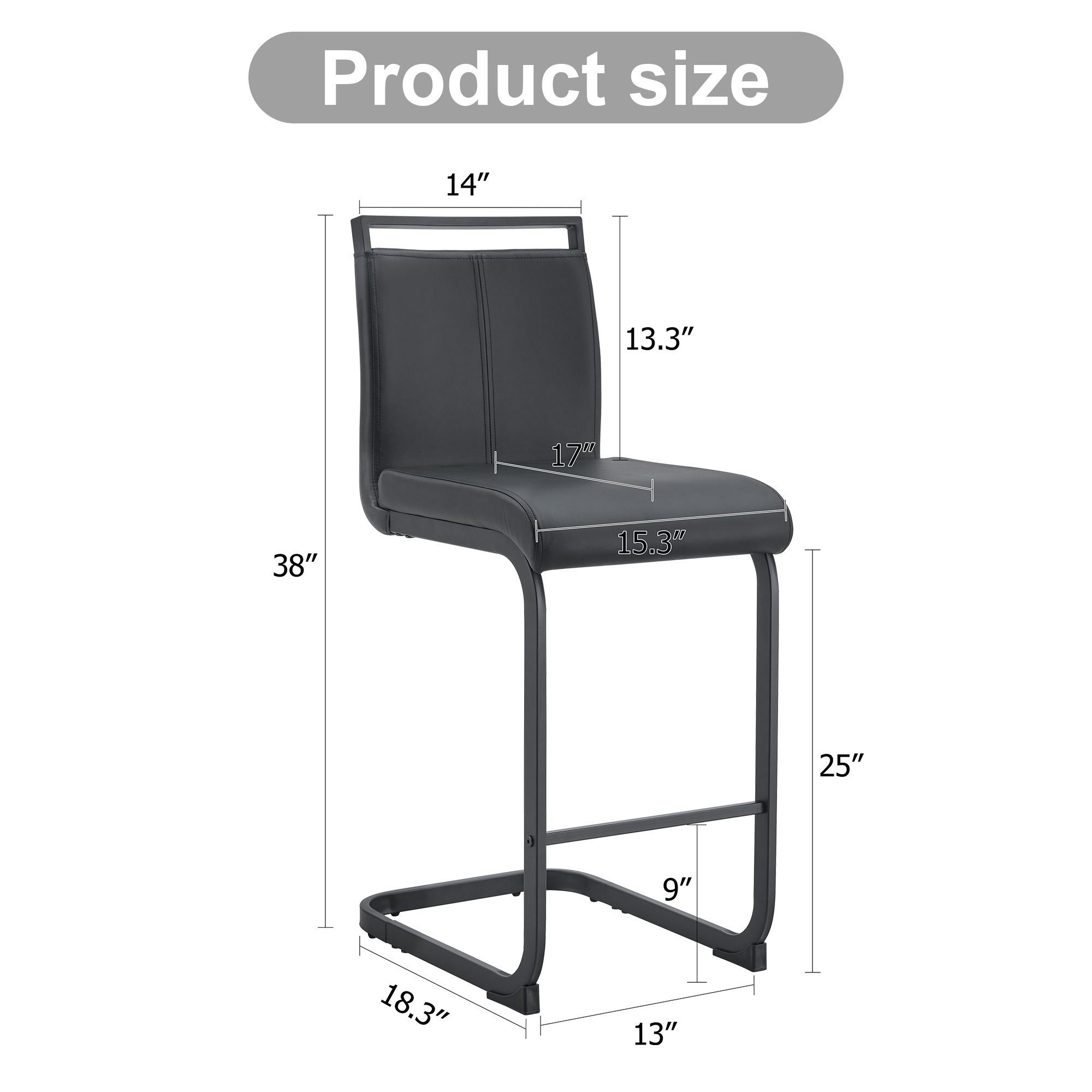 Noble House Ensemble de 2 tabourets de bar moderne, cuir PU noir avec cadre métallique, dossier ergonomique de 38" et pieds antidérapants, noir