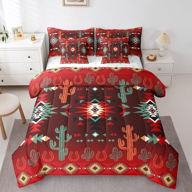 Erosebridal Boho Aztec Bedding Full Size, Red Bedding Sets Full Size, Botanical Cactus Room Decor, Reversible 7 Pieces