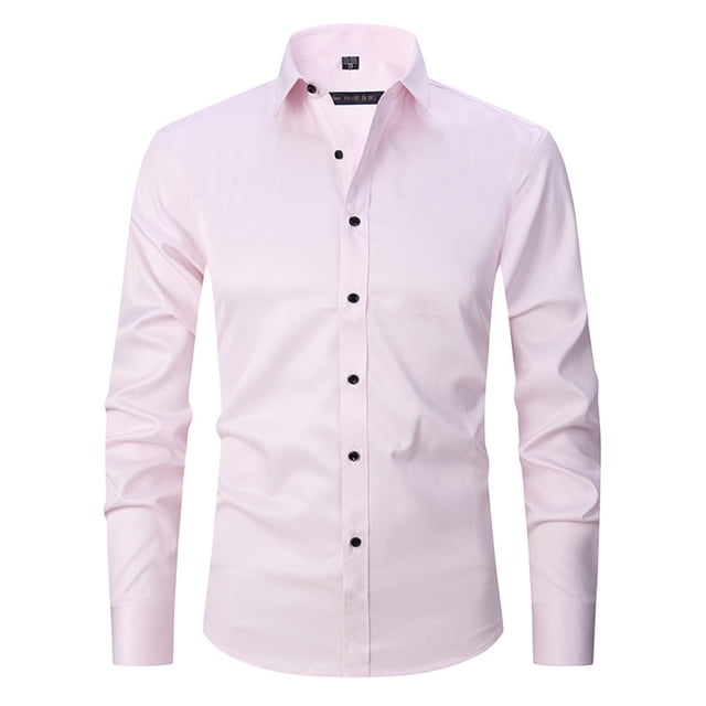 Chemise à Manches Longues Homme Chemise Habillée à Manches Longues pour Hommes Coupe Régulière Décontractée Boutonnée Unie à Manches Longues Col Rabattu Blouse et Chemise. la Chemise Est Présentée en Couleur Unie Rose Pâle avec un Col Rabattu, un devant Boutonné et des Manches Longues. Fabriquée avec 95 % polyester et 5 % Élasthanne, Elle Offre une Coupe Confortable et Respirante. Convient aux occasions Formelles Ou Décontractées comme les Affaires, le Travail Ou les Fêtes.