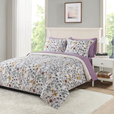 Mainstays bed-in-bag all in one reversible comforter and sheet set, 7-Piece, King, White Multi Floral