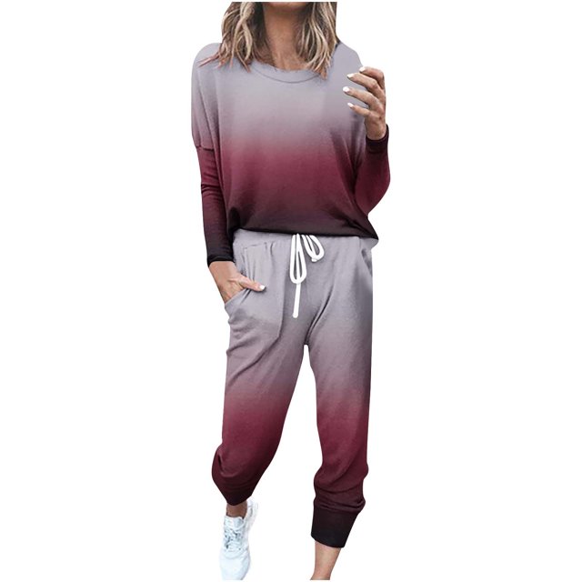 Yuyuzo Ensemble 2 Pcs d'Automne pour Femme, Haut à Manches Longues à Blocs de Couleur Patchwork et Pantalon à Bas Resserré, Ensembles de Détente