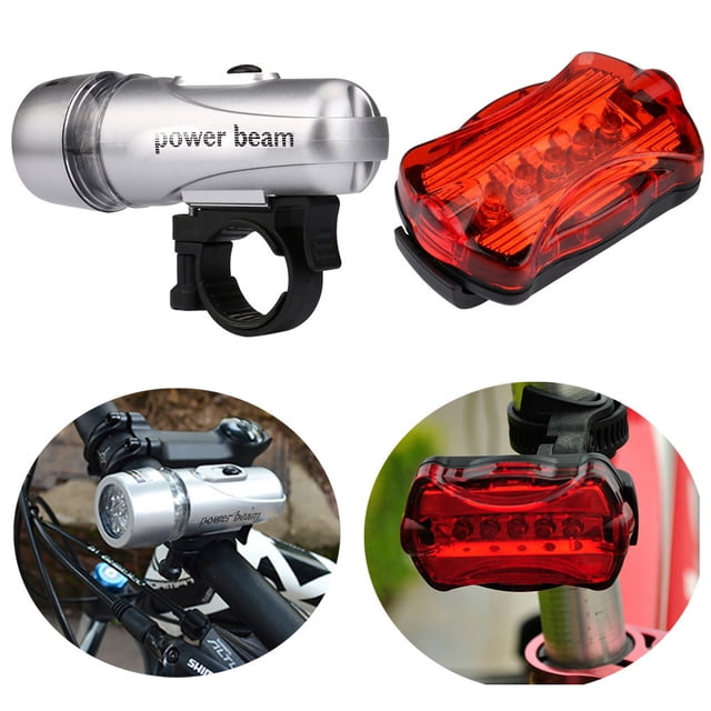 EGNMCR 5 LED Lamp Bicycle Bike Front Light and Rear Flashlight set designed for cycling safety. The silver front light features 5 ultra LEDs, two modes, and a quick-release bracket for easy installation. The red rear light includes 5 bright LEDs, 6 multi-flash modes, and a belt clip for secure attachment. Both lights are powered by AAA batteries (not included), ensuring enhanced visibility during nighttime or early morning rides.