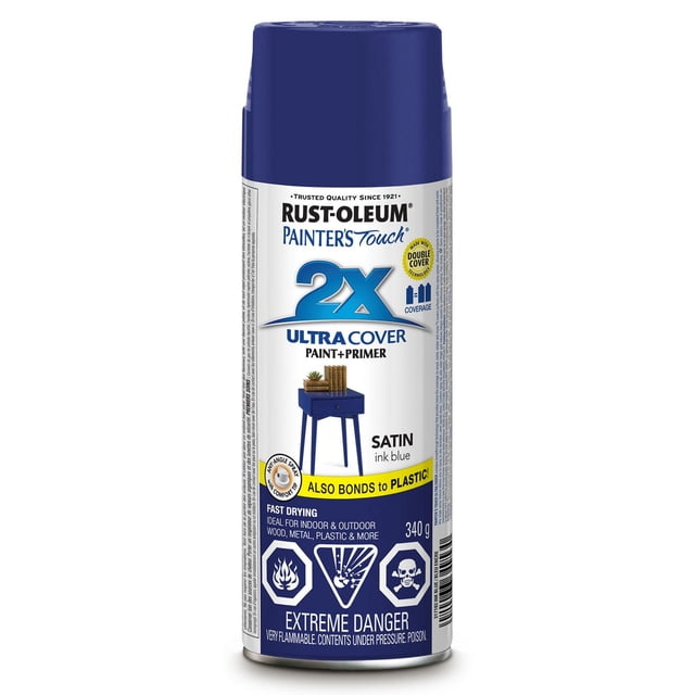 Rust-Oleum Specialty Painter's Touch Ultra Cover 2x satin ink blue spray paint can with paint and primer, featuring double cover technology and any-angle spray for fast drying on wood, metal, plastic, and more, suitable for indoor and outdoor projects.