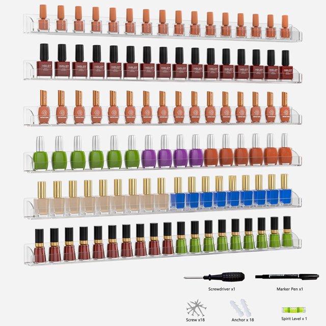Clear Nail Polish Wall Rack with Removable End Caps Set of Acrylic Nail Polish Organizer Wall Mounted Fall-proof Nail Polish Sorage Shelves for Bottles