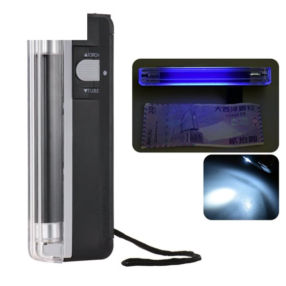 Détecteur de Monnaie Portable 2-en-1 Mini Faux Billets de Banque Testeur de Billets avec Lumière Lampe de Poche pour Livre Sterling USD