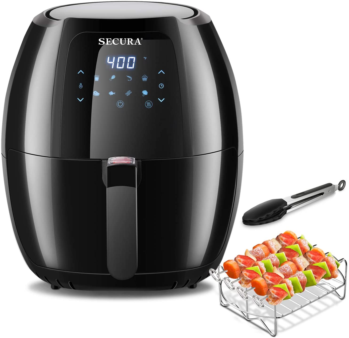 Secura Max 6.3Qt Air Fryer, 1700W Digital Hot Air Fryer | 10-in-1 Oven Oilless Electric Cooker w/Preheat & Shake Remind, 8 Cooking Presets, Nonstick Basket,ETL Listed (Bonus BBQ Rack & Skewers)