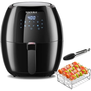 Secura Max 6.3Qt Air Fryer, 1700W Digital Hot Air Fryer | 10-in-1 Oven Oilless Electric Cooker w/Preheat & Shake Remind, 8 Cooking Presets, Nonstick Basket,ETL Listed (Bonus BBQ Rack & Skewers)