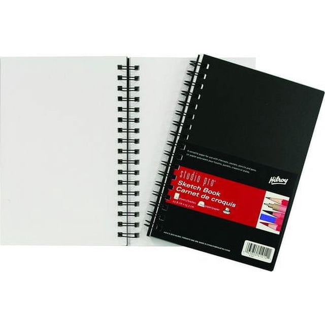 Hilroy Studio Pro Poly Sketchbook, 9 x 6 inches, with 75 sheets of 70 lb acid-free white paper, twin wire binding, and durable black poly cover, open to blank pages, ideal for sketching with pencils, charcoals, and pastels, also suitable as a portable art journal.