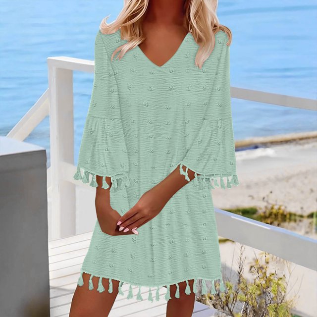 Ovzne Robes d'Été pour Femmes 2025 Robe pour Femme Mode Féminine Aguichant Col en V Manches 3/4 Robes à Franges Unies Robe de Printemps Liquidation