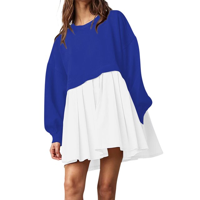 Womens Oversized Sweatshirt Dress Long Flowy Patchwork Pullover Tops Cute Drop Shoulder Sweatshirts Fall Long Sleeve Mini Dress Teen Girls Crewneck Solid Tunic Pleated Loose Clothing Beig