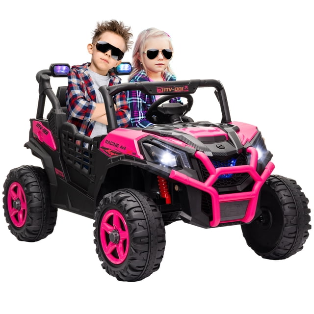 Qaba Voiture Électrique 2 Places 24 V pour Enfants avec Télécommande, Rose. une Voiture Électrique Rose et Noire pour Enfants Conçue avec des Pneus Robustes, des Lumières DEL et un Cadre durable. Cet UTV pour Enfants à 2 Places avec Doubles Moteurs, suspension Arrière à Ressorts, Ceintures de Sécurité, Vitesses Réglables et Fonctionnalité de Télécommande, Idéal pour des Aventures en Plein Air Sécuritaires et Excitantes.