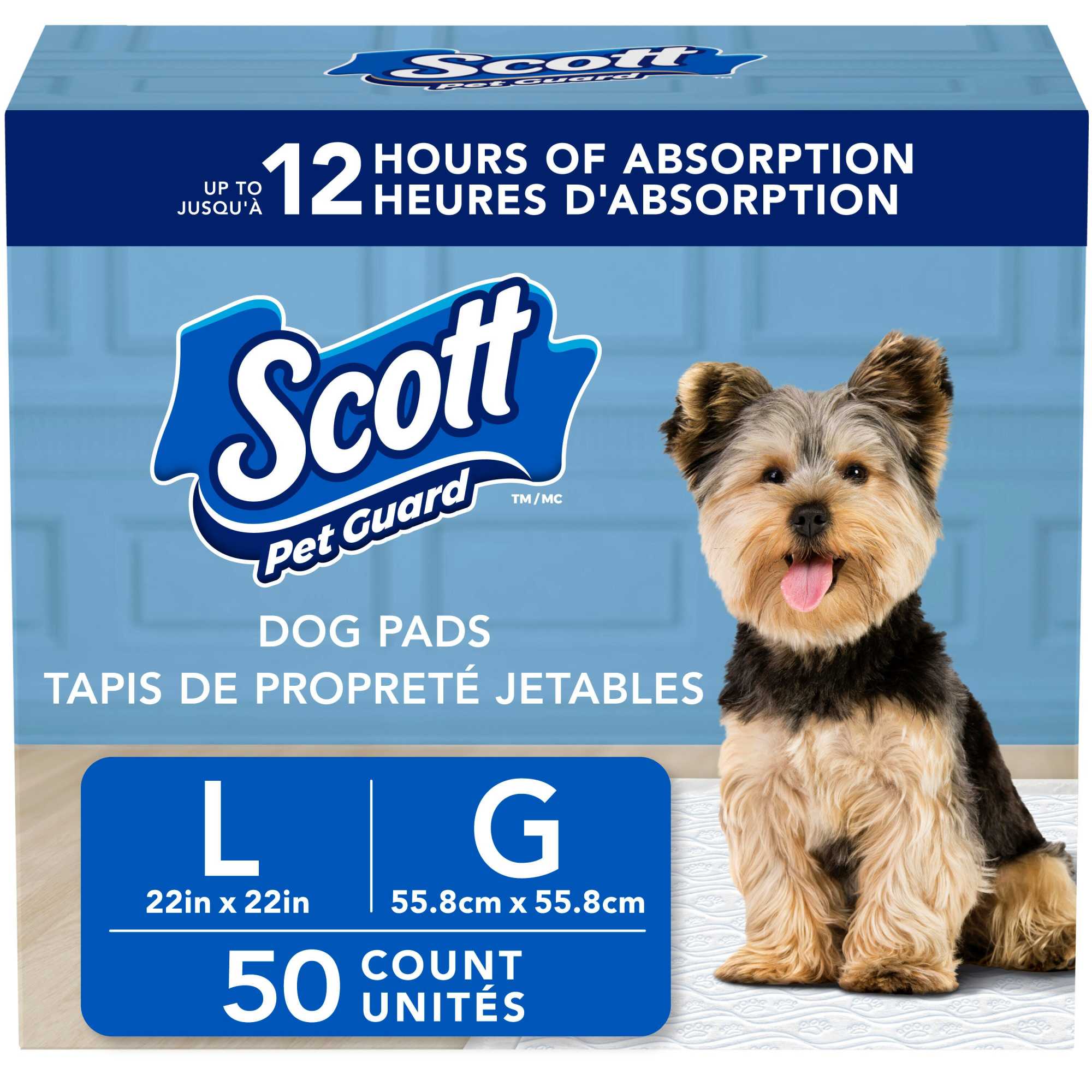 Scott Pet Guard Tapis de Propreté pour Chiens - d'Entraînement Chiots, Moyens & Grands jusqu'à 12 Heures d'Absorption et Contrôle des Odeurs Facilement Jetables Grande Taille 22 Pouces x Lot 100