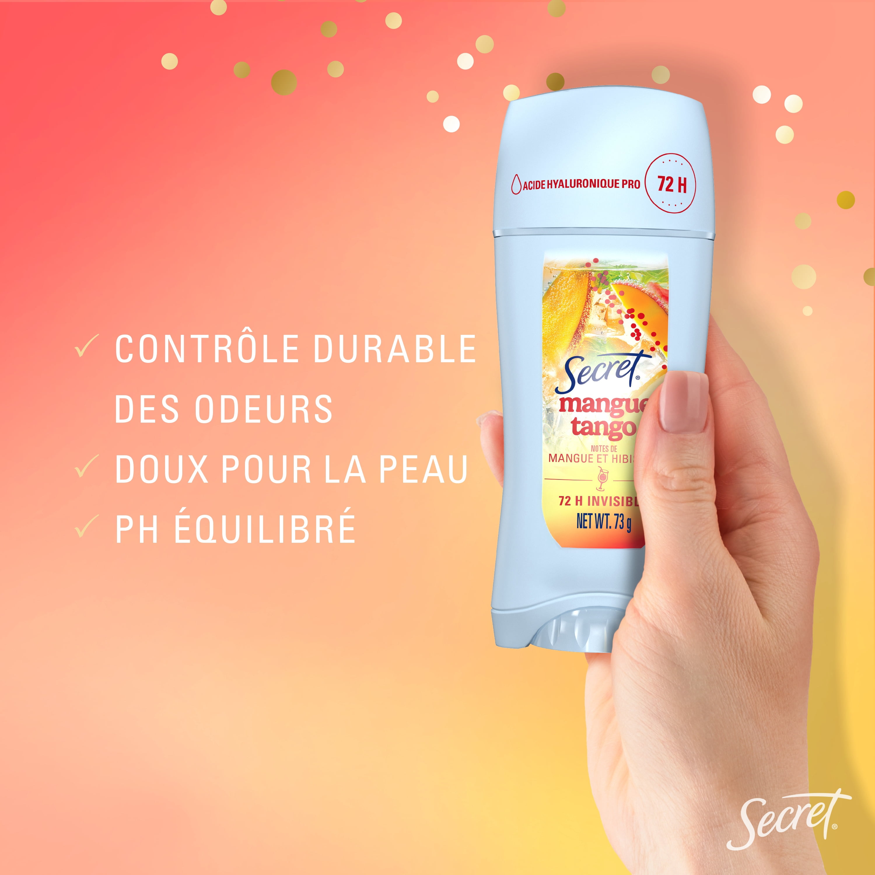 Antisudorifique et désodorisant pour femmes invisible en bâton Secret Fraîcheur, Mangue tango, 73 g