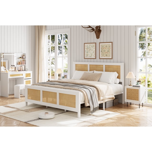 Bed Frame with Boho Rattan Headboard for Bedroom, Bed Frame with Strong Metal Slat Support, Noise-Free Platform Bed, No Box Spring Needed for Bedroom