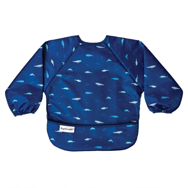 Tiny Twinkle - Mess-proof Full Sleeve Bib in navy blue with light blue and white whale and shark patterns, made from soft, lightweight, waterproof recycled polyester, featuring elastic cuffs and a large front pocket to catch spills, designed for babies 6-24 months.