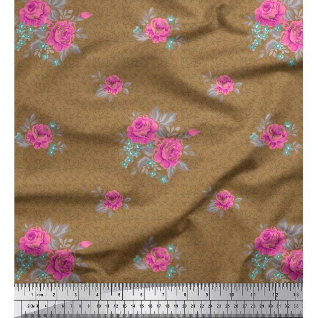 Soimoi Tissu Popeline de Coton Imprimé Tourbillon, Feuilles & Roses au Mètre 56 Pouces de Large