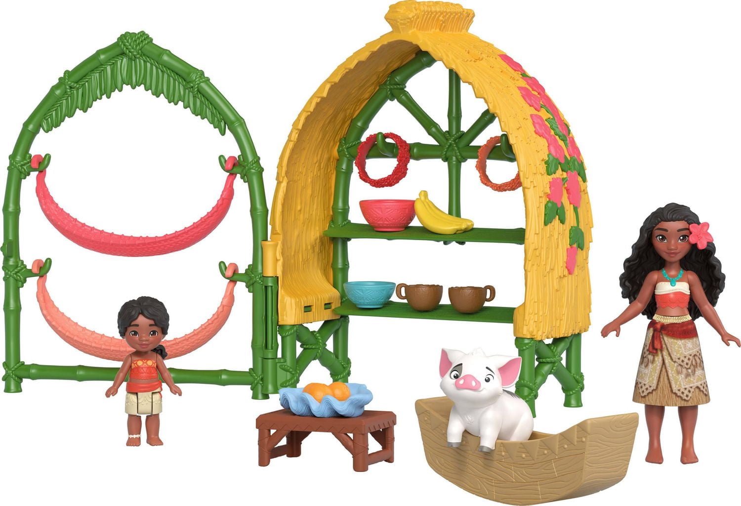Jouets Moana 2 de Disney de Mattel, coffret de jeu Maison de village de Moana et Simea avec 2 petites poupées, figurine Pua et 15 accessoires