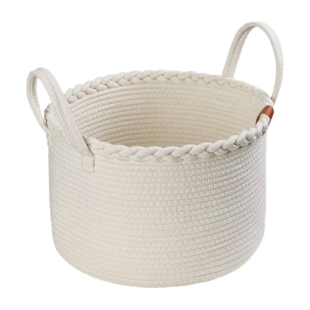 HOMETRENDS Décor Storage basket made from white cotton rope with a braided weave along the top edge and two loop handles, measuring 12.6 in diameter and 9.4 in height, ideal for stylish home organization and suitable for storing toys, towels, or electronics.