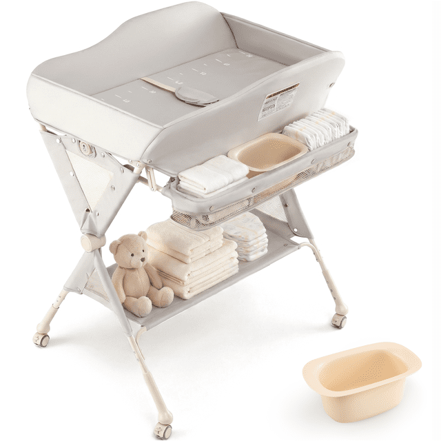 INFANS Table à Langer pour Bébé avec Roues, Poste à Couches Pliant Portable Organisateur de Chambre de Bébé avec Panier de Rangement, Étagère Suspendue, Hauteur Réglable, Ceinture de Sécurité pour Nouveau-Né Nourrisson (Gris Pâle)
