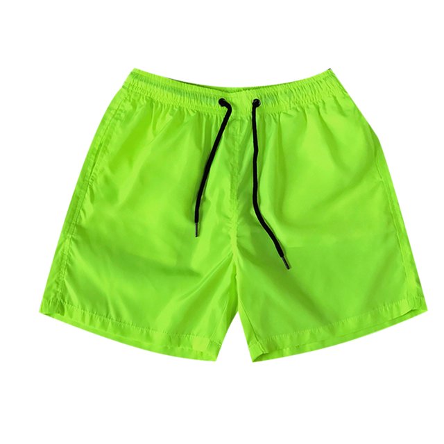 Running Shorts mens Casual Drawstring Pocket Solid Color Candy Color Five-point Beach Shorts in neon green. Features lightweight, quick-dry fabric, elastic waistband with black drawstring, and two side pockets. Ideal for swimming, gym, running, and beach activities. Suitable as men's swimwear or athletic shorts.