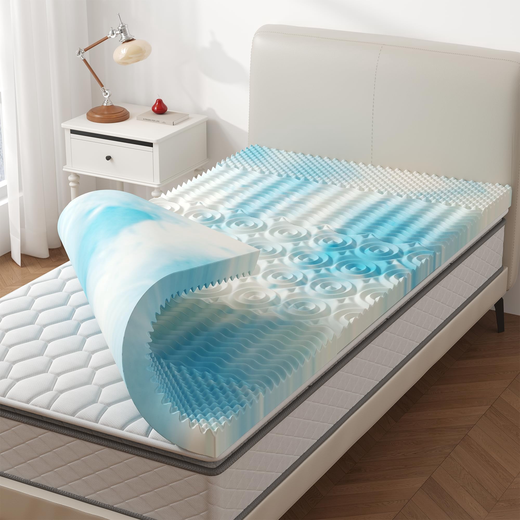 KMFurnila 3 Inch 5-Zone Cooling Gel Memory Foam Mattress Topper Full, Pressure Relief for Back & Hip Pain, Soft Reversible Pad for Dorm RV Camping, CertiPUR-US Certified