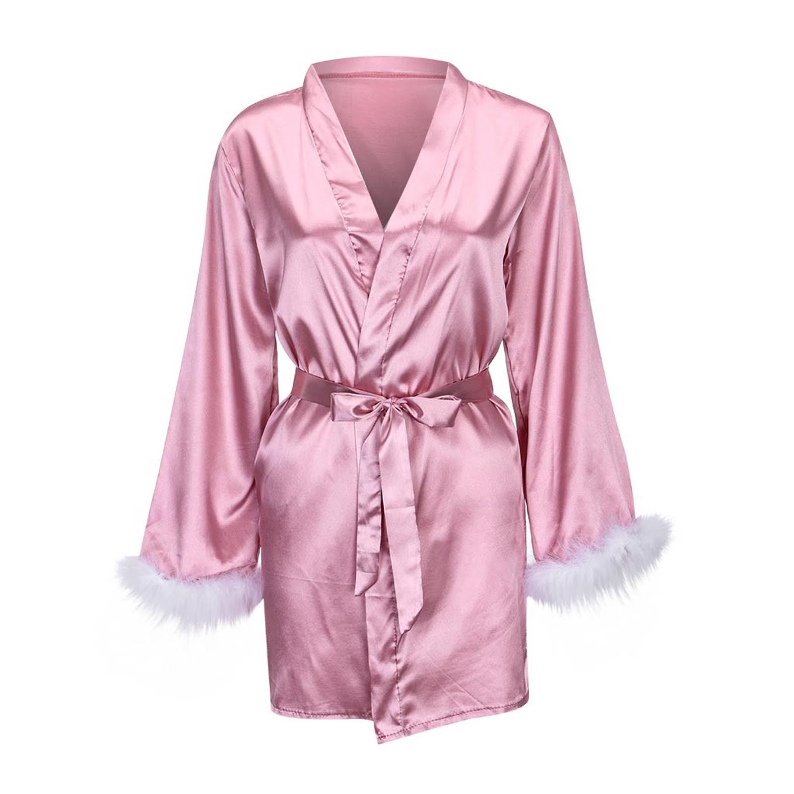Ersazi Pyjama Super Doux pour Femmes Peignoir Aguichant Uni à Plumes pour Femmes Ensemble 1 Pce en Liquidation Rose G