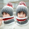 thumbnail image 4 of MesaSe 2 Pcs/Set Kids Winter Hat Scarf Set Plush Knitting No Brim Fur Ball Decoration Contrasting Color Cold-proof Thick Neck Protection Baby Bonnet Scarf Set for Daily Wear, 4 of 10