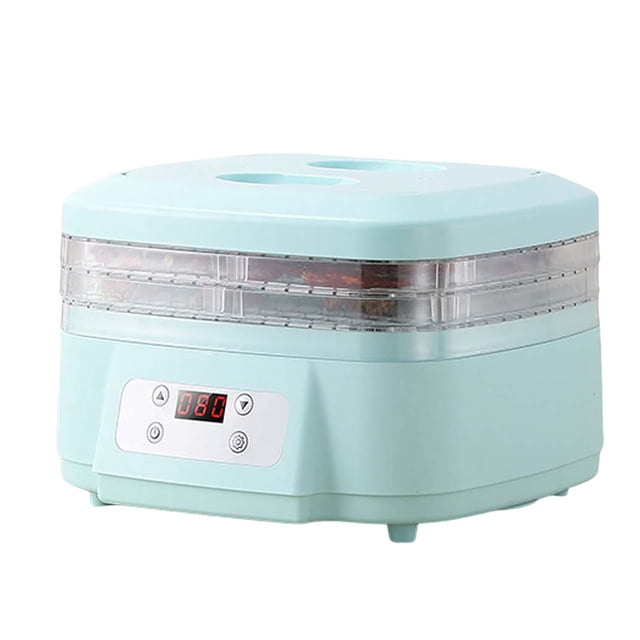 Dryer Machine For Home For Candy 360° Airflow Food Dehydrator Machine with 3 trays, shown in a compact, pastel blue design with a digital control panel on the front. The transparent trays reveal food items being dried. Suitable for dehydrating beef, fruits, vegetables, and more. Features a 35-80°C temperature range and a 24-hour timer for precise, automatic operation.