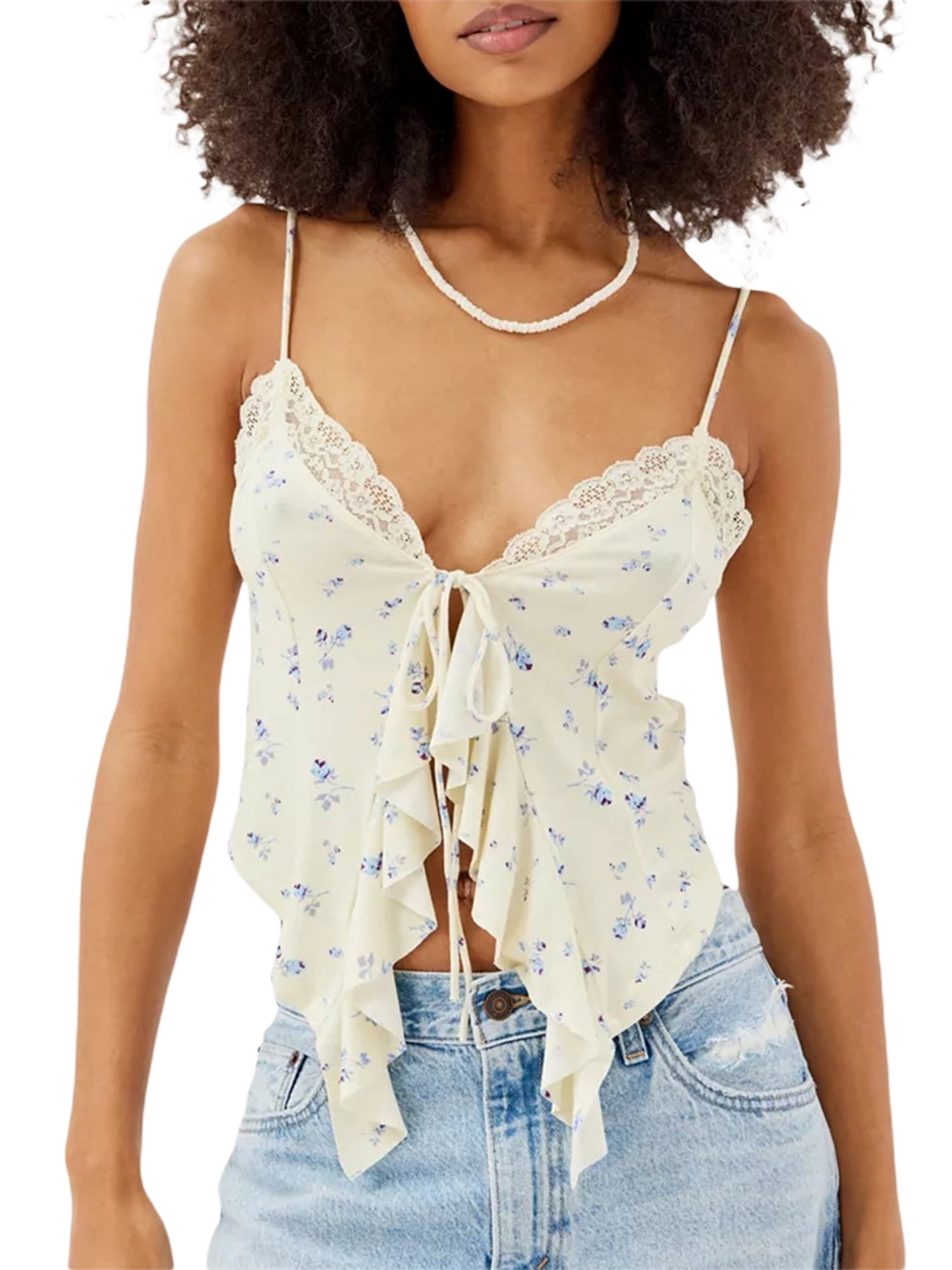 Gupgi Women's Camisole Tops Sleeveless V Neck Irregular Ruffle Tops Tie Up Crop Tops