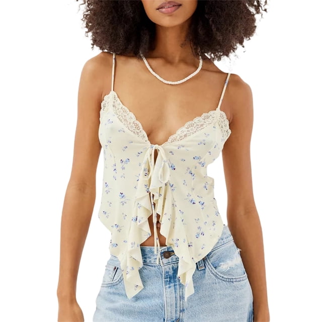 Gupgi Women's Camisole Tops Sleeveless V Neck Irregular Ruffle Tops Tie Up Crop Tops
