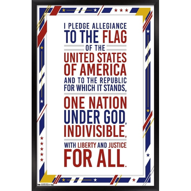 Les États-Unis d'Amérique - Affiche Murale du Serment d'Allégeance, 22,375 Pouces x 34 Pouces, Montrant le Texte Complet du Serment d'Allégeance en Typographie Rouge et Bleue sur Fond Blanc avec une Bordure Décorative Présentant des Rayures et des Étoiles Rouges, Bleues et Jaunes, Imprimée sur Papier Lustré, Idéale pour la Déco Murale Patriotique de la Maison Ou du Bureau.