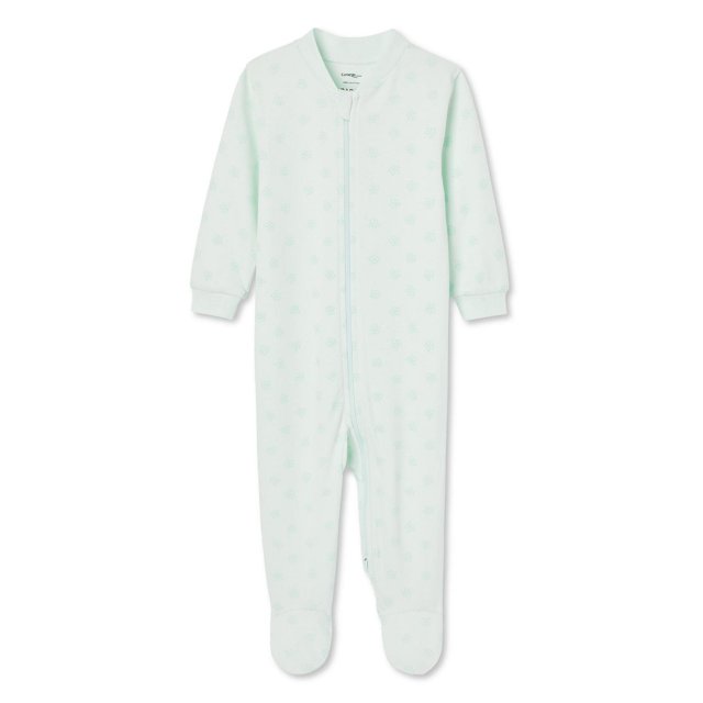 George Baby Girls' Printed Sleeper in light mint green with subtle all-over floral print, made of 100% cotton. Features a crew neckline, long sleeves with ribbed cuffs, full-zip closure, and attached footlets with grippers for warmth and safety.