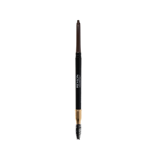 Revlon ColorStay Waterproof Longwearing Eyebrow Pencil with retractable angled tip and dual-ended spoolie brush for precise, long-lasting brow definition and grooming, featuring a black barrel with gold accent.