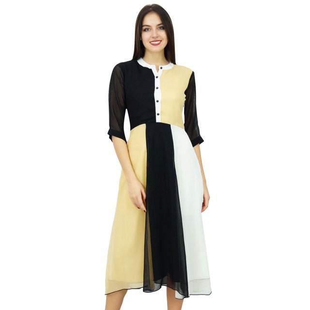 Bimba Femmes Classique Mandarine Col Shift Tricolore Midi Été Chic Robes