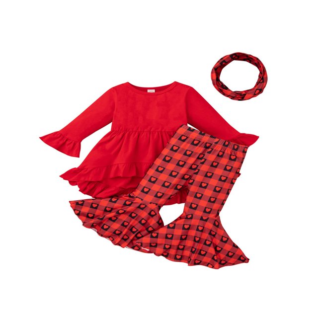MesaSe Toddler Baby Girls Spring Princess Flare Pants Set O-Neck Ruffles Tops + Bell Bottom Pants Headband