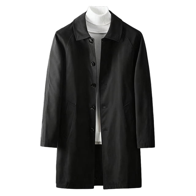 Lovzfmll Men's Trench Coat Mid-Length Button Front Notched Lapel Pockets Black, S
