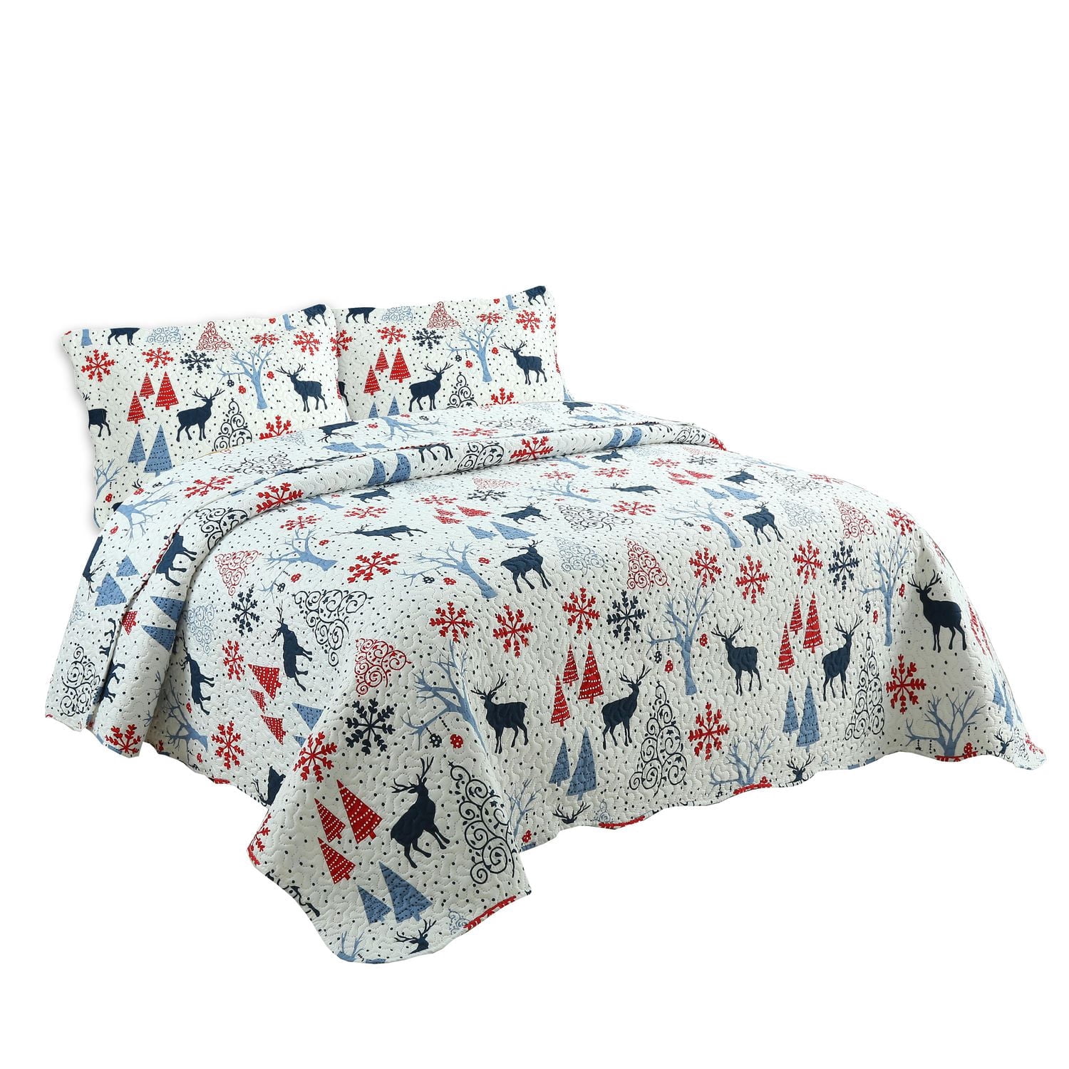 Marina Decoration Rich Printed Embossed Pinsonic Coverlet Bedspread Ultra Soft Bedding Summer Christmas Quilt Set with Shams, Xmas Reindeer and Tree Pattern