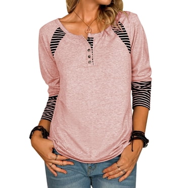 CEHVOM Women's Summer Fashion Long Sleeve O-Neck Stripe Printing Tops Blouse