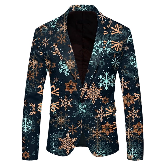 Veste de Costume de Noël Flocon de Neige Père Noël pour Hommes Coupe Ajustée Imprimée Poche Revers Bouton Complets Formels pour Hommes Veste de Costume Costume
