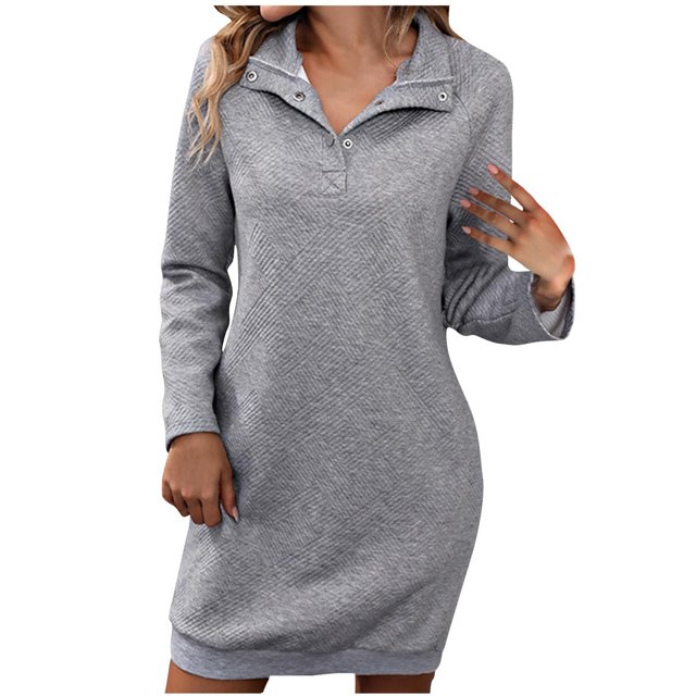 Robe T-Shirt Femme Automne Hiver à Manches Longues à Col Roulé Robe Chandail Boutonnée Unie à Revers Tricotée Mini Chandail Robes S-262 Gris TG