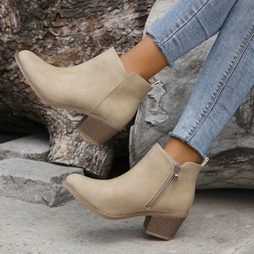 Bmisegm Womens Boots No Heel Leather New Solid Simple Western Cowboy Embroidered Ankle Boots Thick Heel Mid Heel Low Cut Side Zipper Women Boots Boots for Women White 6.5