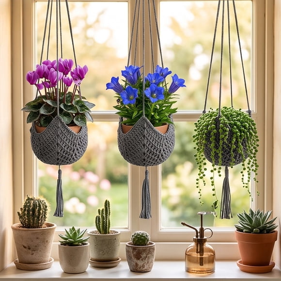 Tusihei Crochet Plant Hanger, Boho Macrame Plant Hanger, Hanging Basket Wall Planter for Indoor Outdoor Home Garden Wall Ceiling Patio Decor
